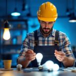 A photograph of a lighting contractor examining various lightbulb options