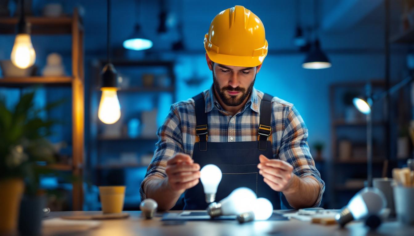 A photograph of a lighting contractor examining various lightbulb options