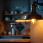 A photograph of a beautifully designed industrial lamp installed in a modern kitchen setting