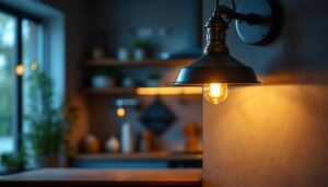 A photograph of a beautifully designed industrial lamp installed in a modern kitchen setting