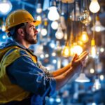 A photograph of a lighting contractor in action