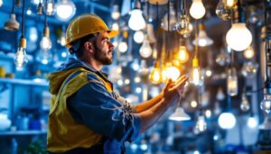 A photograph of a lighting contractor in action