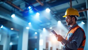 A photograph of a lighting contractor at work