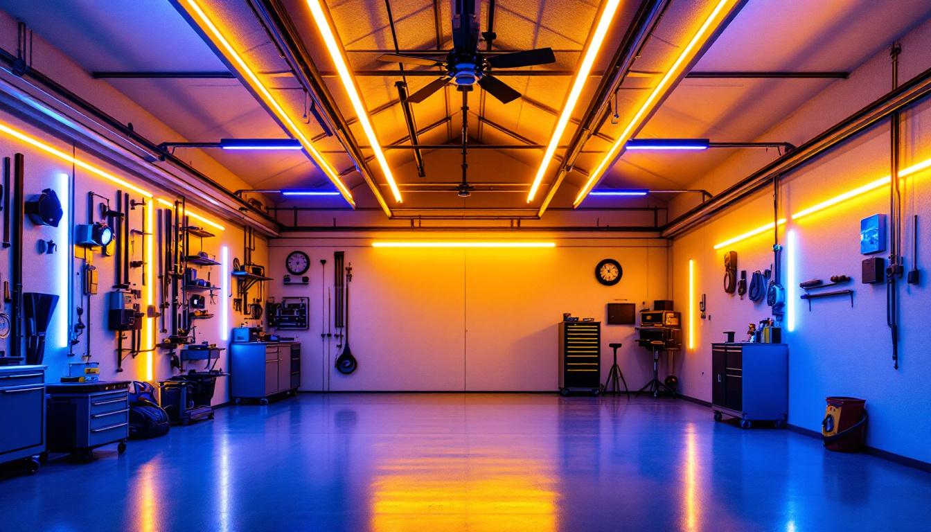 A photograph of a well-lit garage featuring vibrant led strip lights installed along the walls and ceiling