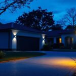 A photograph of a well-lit driveway at dusk