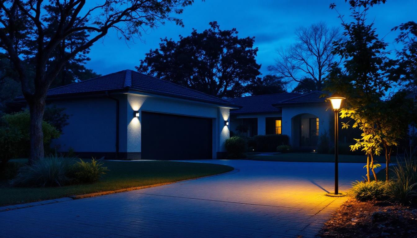 A photograph of a well-lit driveway at dusk