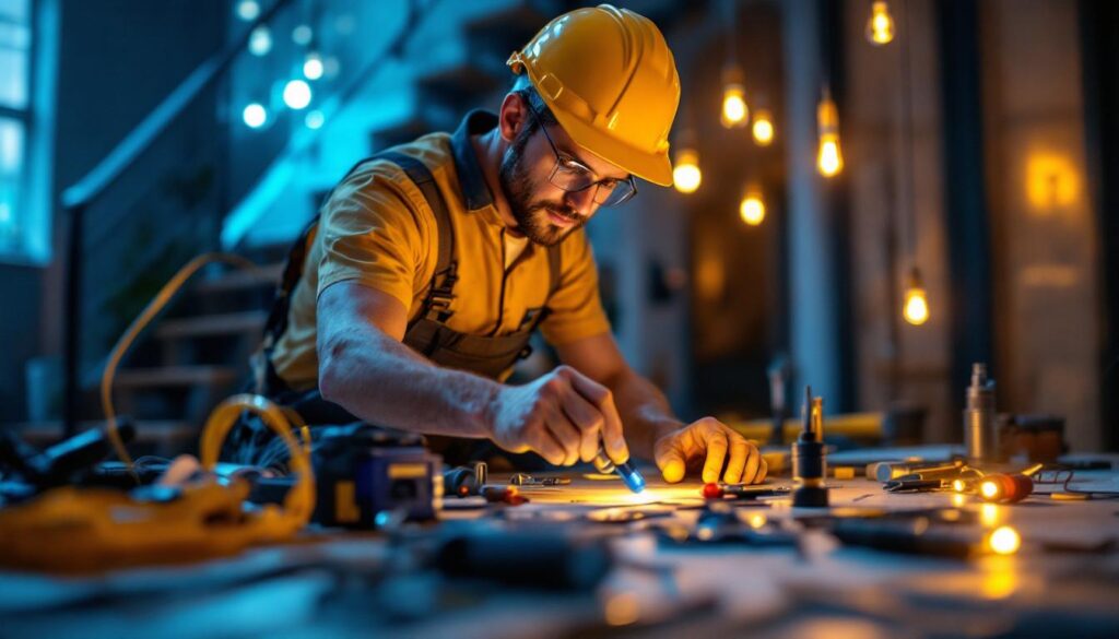 A photograph of a lighting contractor working on a residential or commercial project