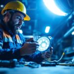 A photograph of a lighting contractor examining and installing a light ballast in a commercial setting
