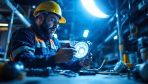A photograph of a lighting contractor examining and installing a light ballast in a commercial setting