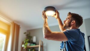 A photograph of a skilled lighting contractor installing a stylish ceiling can light cover in a modern home setting
