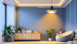 A photograph of a stylish light fixture fan in a modern interior setting