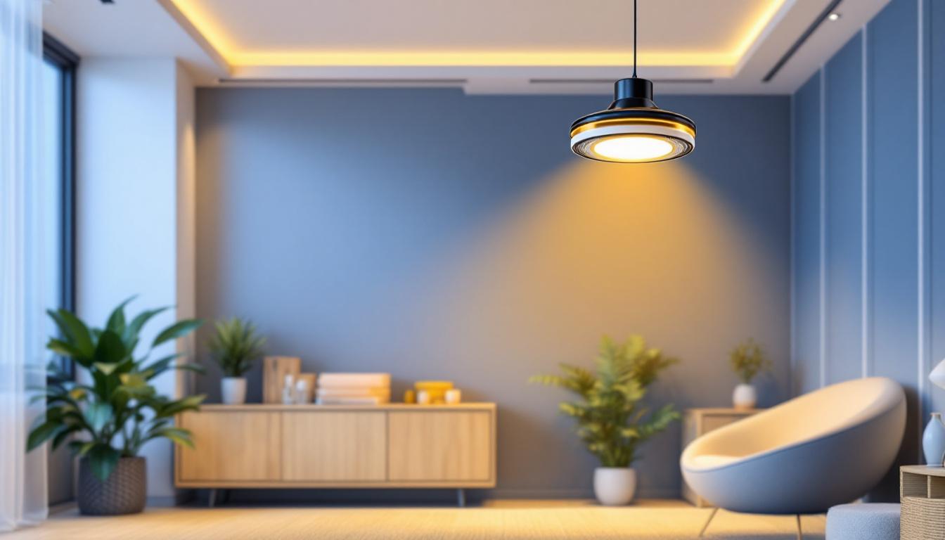 A photograph of a stylish light fixture fan in a modern interior setting