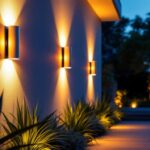 A photograph of a beautifully illuminated outdoor space featuring stylish led wall sconces