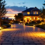 A photograph of a beautifully illuminated driveway at dusk
