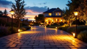 A photograph of a beautifully illuminated driveway at dusk
