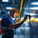 A photograph of a lighting contractor installing or inspecting emergency led lighting in a commercial or industrial setting
