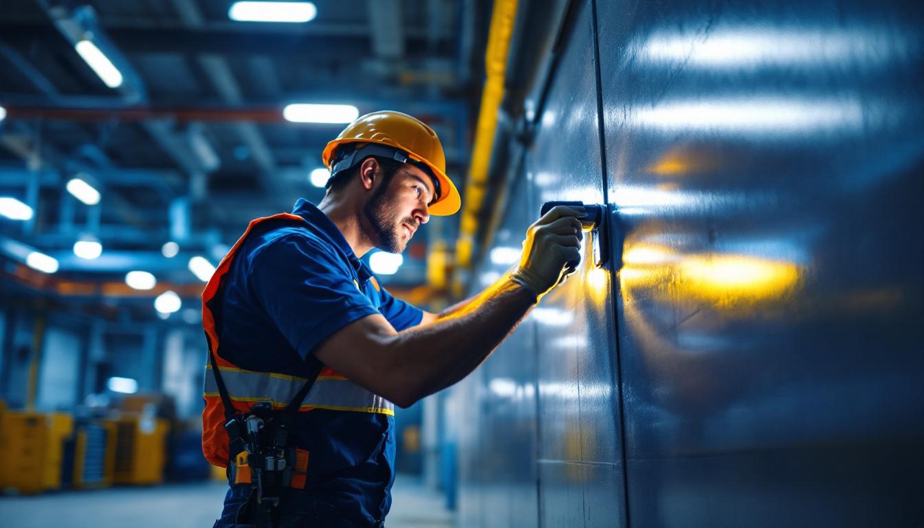 A photograph of a lighting contractor installing or inspecting emergency led lighting in a commercial or industrial setting