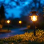 A photograph of a well-lit outdoor scene at dusk
