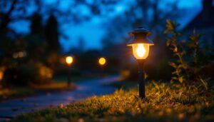 A photograph of a well-lit outdoor scene at dusk