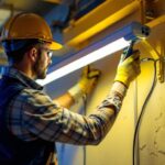 A photograph of a lighting contractor in action