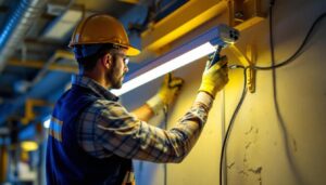 A photograph of a lighting contractor in action