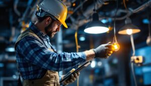 A photograph of an electrician or lighting contractor working on a lighting installation