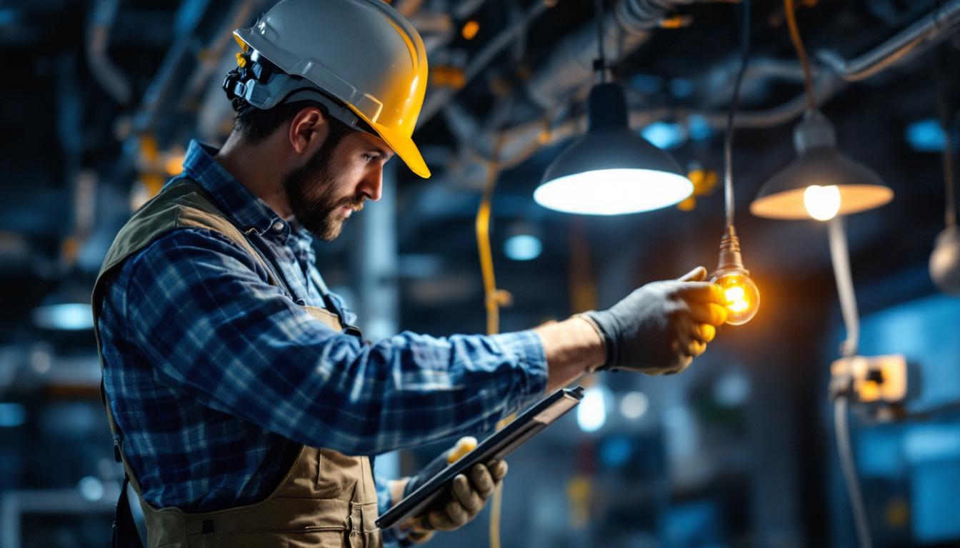 A photograph of an electrician or lighting contractor working on a lighting installation
