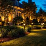 A photograph of a beautifully illuminated outdoor landscape at dusk