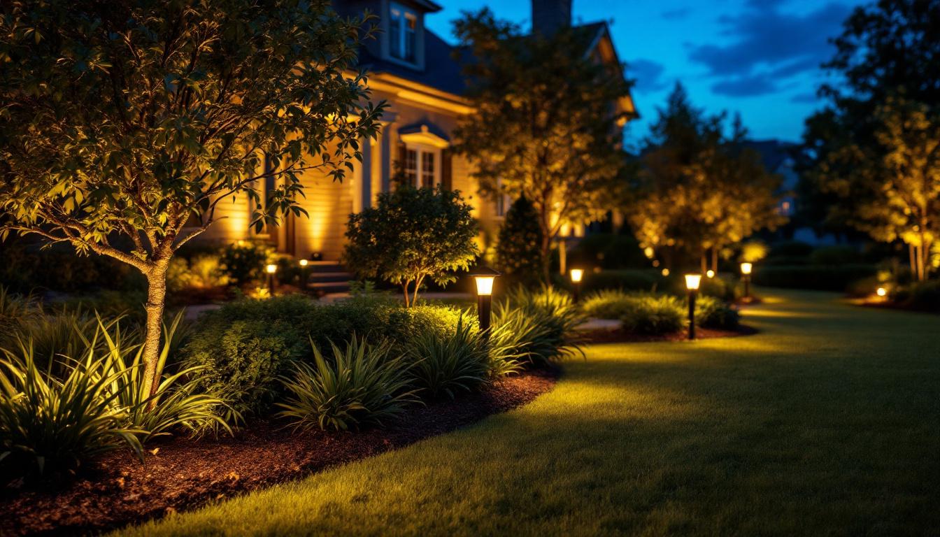 A photograph of a beautifully illuminated outdoor landscape at dusk