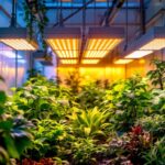 A photograph of a well-lit indoor garden or greenhouse showcasing vibrant plants illuminated by cmh grow lights