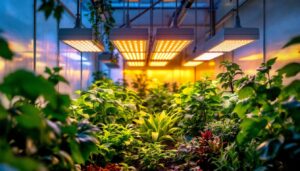A photograph of a well-lit indoor garden or greenhouse showcasing vibrant plants illuminated by cmh grow lights