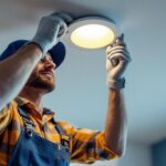 A photograph of a lighting contractor installing led recessed bulbs in a modern ceiling