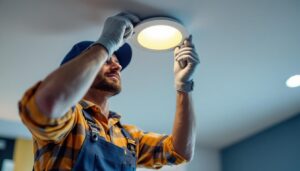 A photograph of a lighting contractor installing led recessed bulbs in a modern ceiling