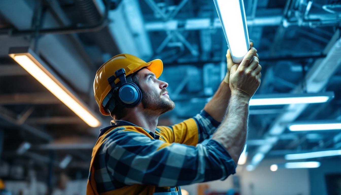 A photograph of a lighting contractor efficiently replacing fluorescent tubes with modern led fixtures in a commercial setting