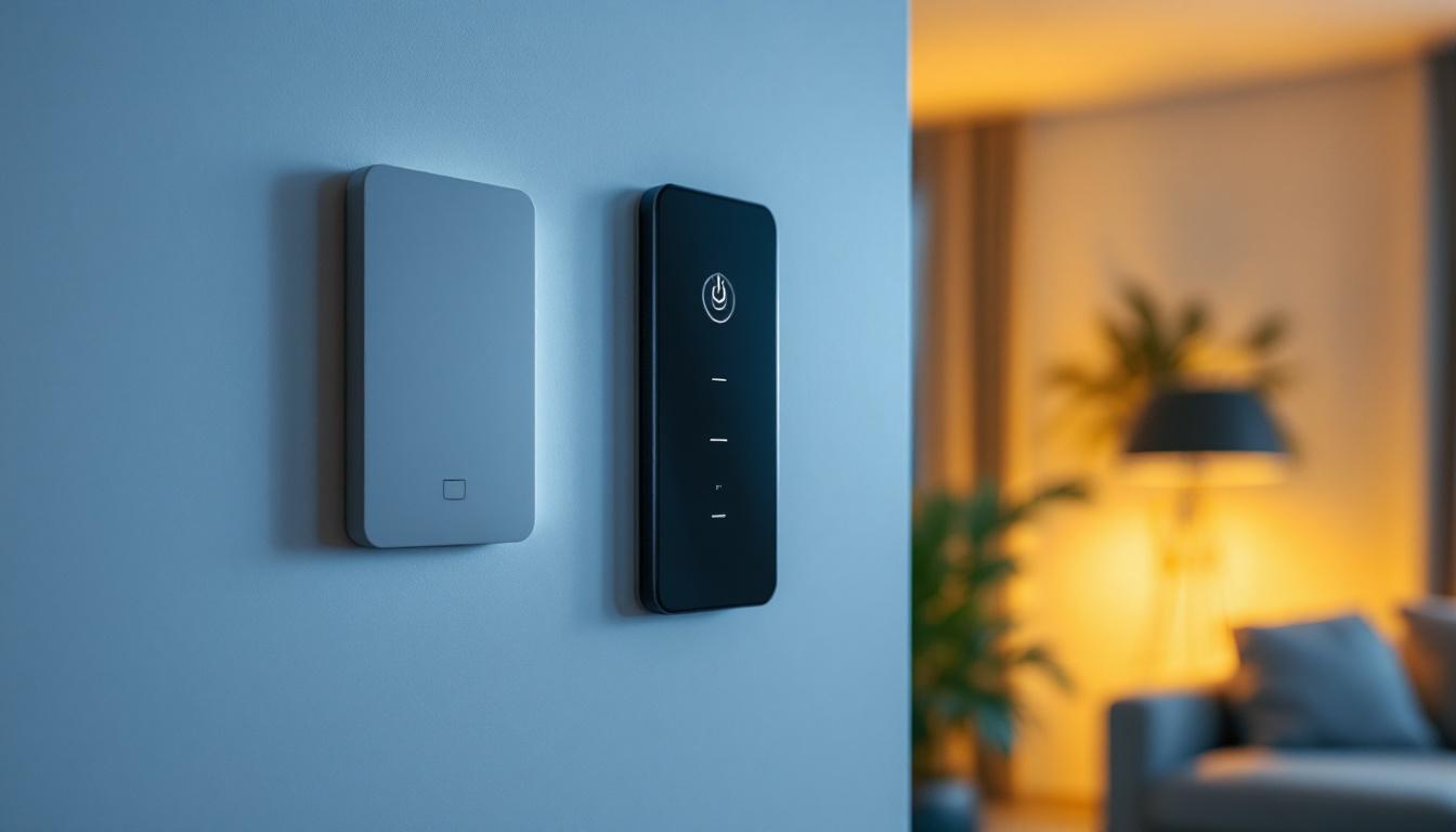 A photograph of a stylish wall control for a ceiling fan installed in a modern living space