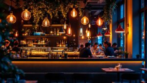 A photograph of a beautifully illuminated restaurant interior showcasing various lighting designs and fixtures