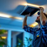 A photograph of a skilled lighting contractor installing a recessed light box in a modern home setting