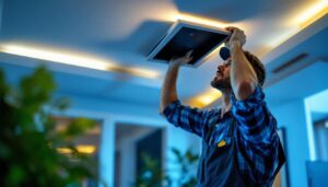 A photograph of a skilled lighting contractor installing a recessed light box in a modern home setting