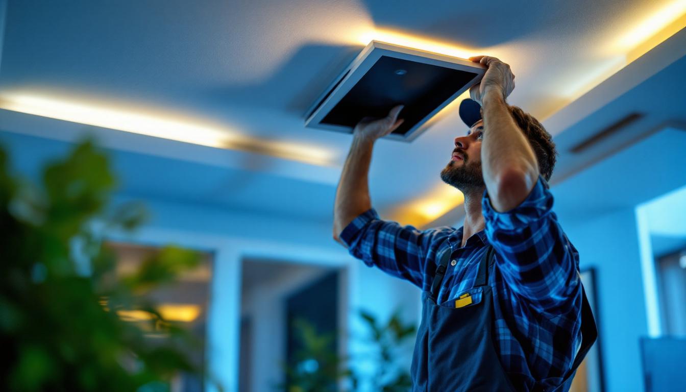 A photograph of a skilled lighting contractor installing a recessed light box in a modern home setting
