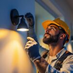 A photograph of a lighting contractor expertly installing a photo sensor light in a residential or commercial setting