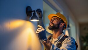 A photograph of a lighting contractor expertly installing a photo sensor light in a residential or commercial setting