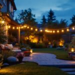 A photograph of a beautifully illuminated backyard scene at dusk