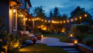 A photograph of a beautifully illuminated backyard scene at dusk