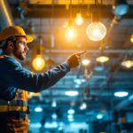 A photograph of a lighting contractor examining a well-lit space