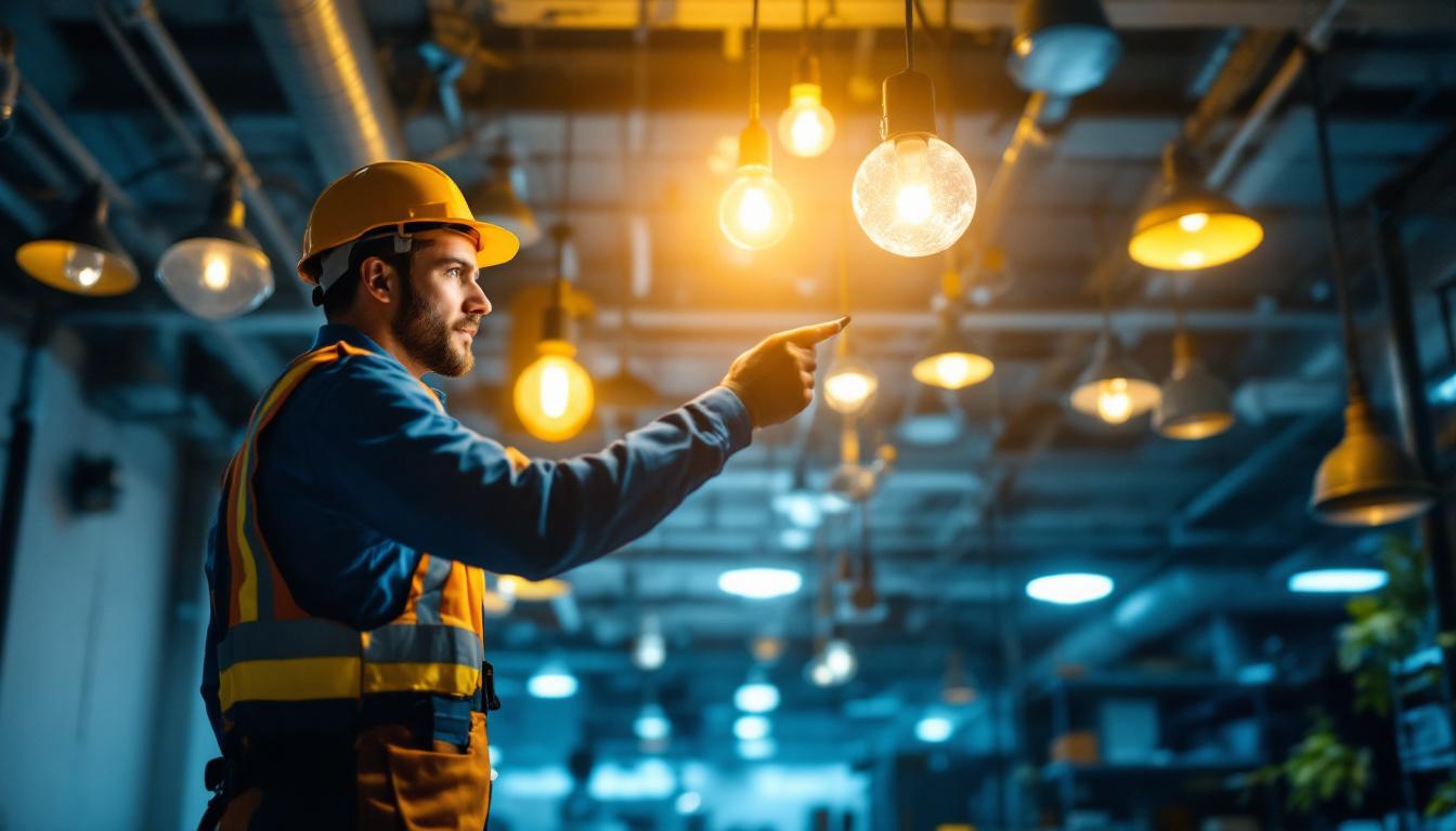 A photograph of a lighting contractor examining a well-lit space