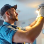 A photograph of a lighting contractor carefully installing or adjusting ceiling fixtures in a well-lit room