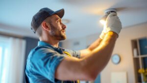 A photograph of a lighting contractor carefully installing or adjusting ceiling fixtures in a well-lit room
