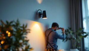 A photograph of a stylish gooseneck sconce illuminating a modern interior space