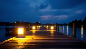 A photograph of a well-lit dock scene at dusk