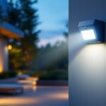 A photograph of a bright motion sensor light illuminating a beautifully designed outdoor space at dusk